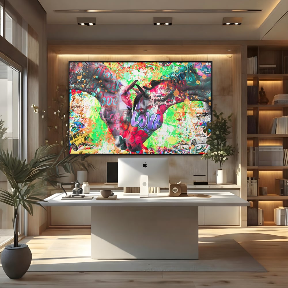 Tablou canvas cu tablou canvas cu doi cai si graffiti colorat, in rama de aluminiu negru, pe perete intr-un birou